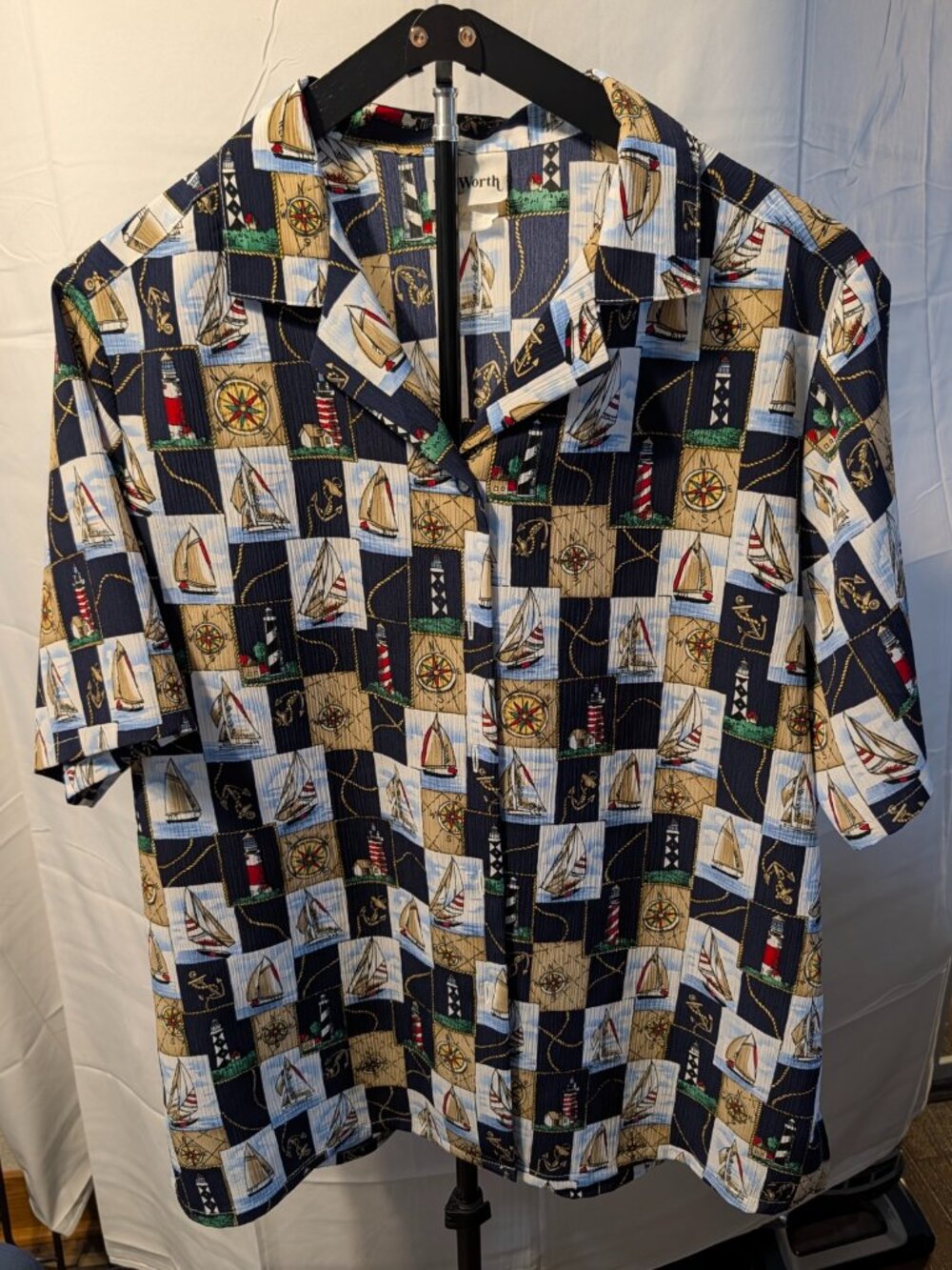 BONWORTH Women's Lighthouse Blouse Nautical Blue Short Sleeve Sz Large/Vintage